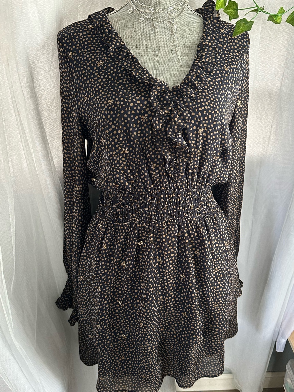 Very J Black Long Sleeve Ruffle V-Neck Smocked Waist Dress with Tan Dot Print